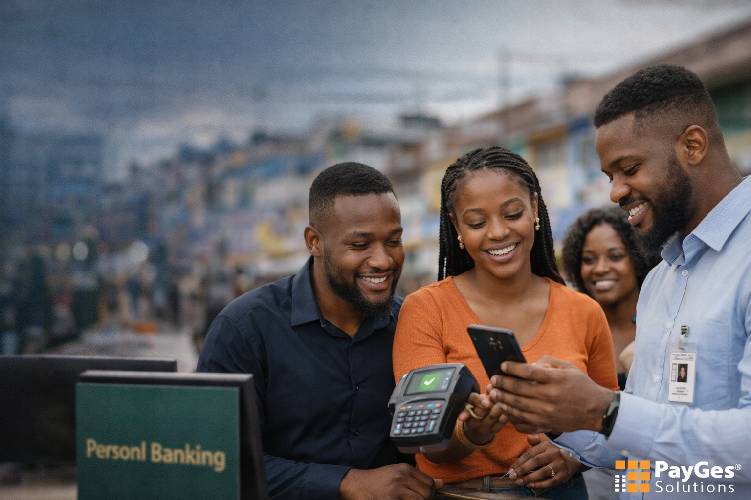 African professionals using a mobile phone and payment terminal together