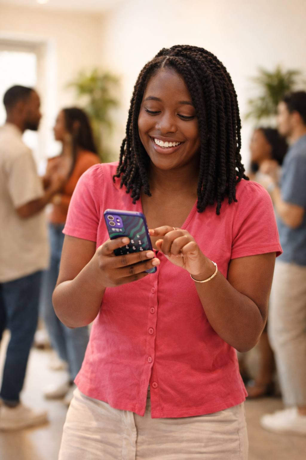Black woman checking a mobile phone, representing USSD and service access.